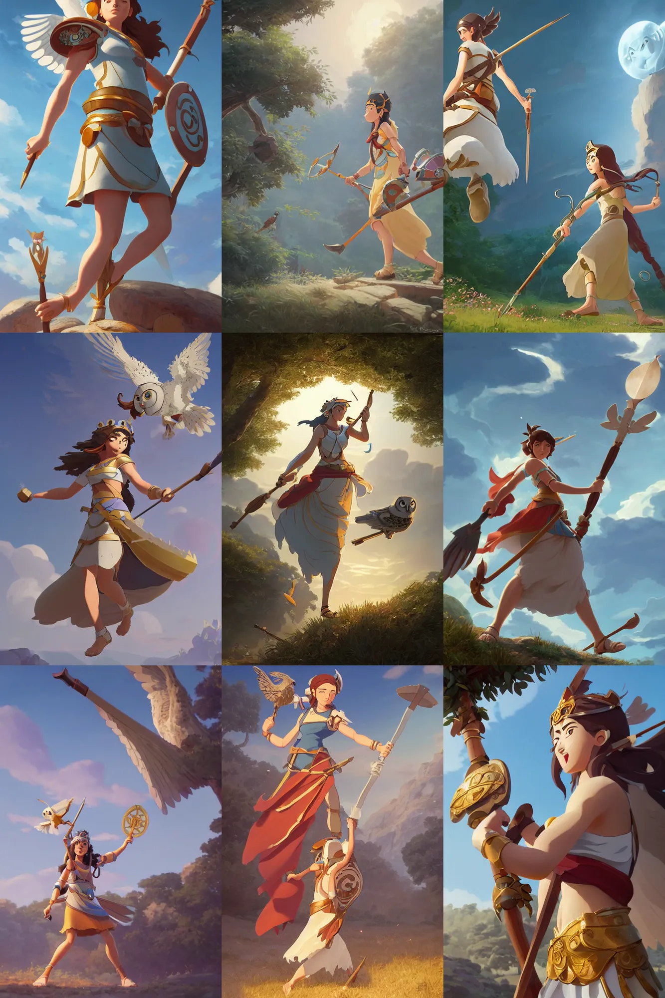 Prompt: a wholesome Greek illustration of a happy cartoon goddess Athena going to battle with her spear shield and owl, studio Ghibli, Pixar and Disney animation, sharp, Rendered in Redshift and Unreal Engine 5 by Greg Rutkowski, Bloom, dramatic lighting