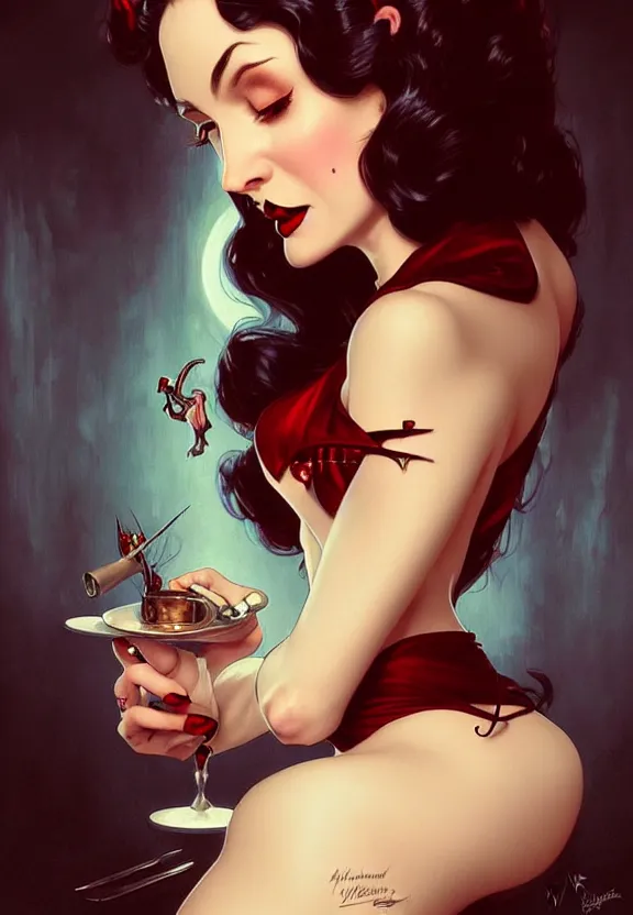 Image similar to elegant pin-up vampire at 50’s style diner, fantasy magic, dark light night, intricate, elegant, sharp focus, illustration, highly detailed, digital painting, concept art, matte, art by WLOP and Artgerm and Greg Rutkowski and Alphonse Mucha, masterpiece