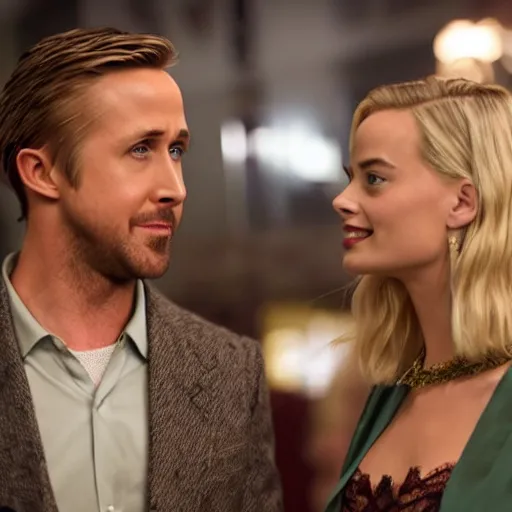 Image similar to still of ryan gosling and margot robbie, in a muet movie