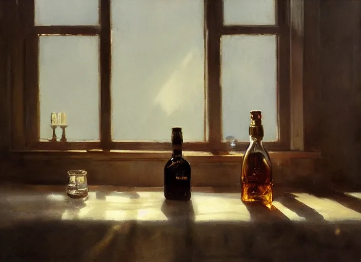 Image similar to oil painting of whiskey bottle, barley grain, art by anders zorn, wonderful masterpiece by greg rutkowski, beautiful cinematic light, backlit, window cast shadows, american romanticism by greg manchess, creation by tyler edlin, folds of fabric, tablecloth