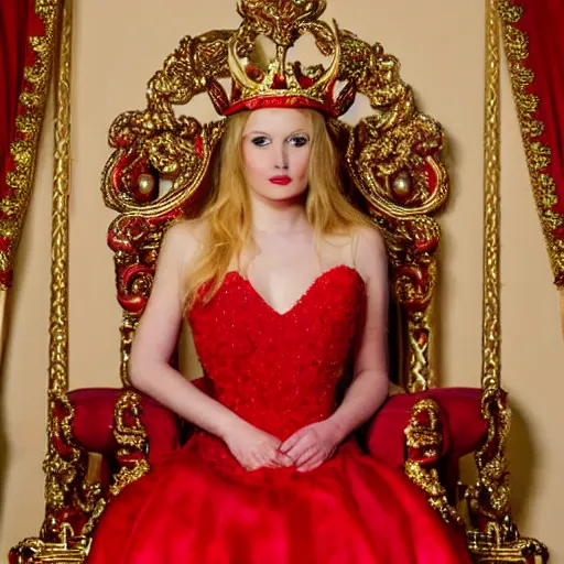 Image similar to realistic human queen, wearing red gown, beautiful, sitting on throne, highly detailed