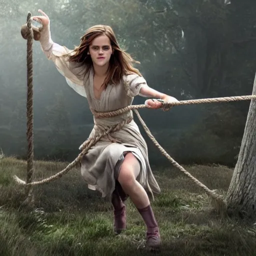Prompt: emma watson, full body and face, head to toe showing in the photo, hands tied with a metal pole via rope, damsels in distress, 4 k, hyperrealistic