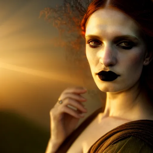 Image similar to photographic portrait of a stunningly beautiful female renaissance germanic goth pagan, in soft dreamy light at sunset, god rays, contemporary fashion shoot, by edward robert hughes, annie leibovitz and steve mccurry, david lazar, jimmy nelsson, breathtaking, 8 k resolution, extremely detailed, establishing shot, artistic, hyperrealistic, perfect face, octane render