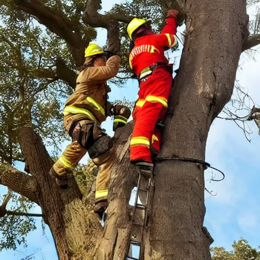 Image similar to a cat rescuing a fireman from a tree