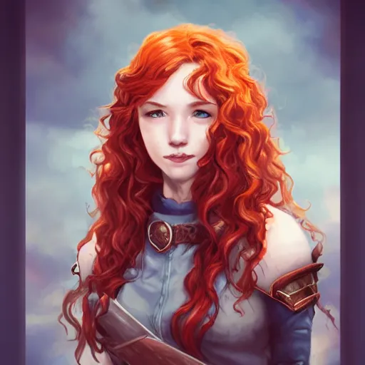 Prompt: a young woman with curly red hair, freckles, smart, portrait, shallan davar, blue eyes, smiling, thick hair, rpg, dnd, fantasy, artgerm style