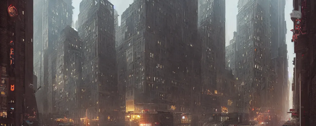 Prompt: new york city block. 1 0 0 mm, architecture. cinematic lighting. trending on artstation. cgsociety. art by greg rutkowski and william o'connor
