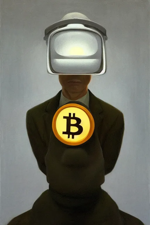 Image similar to Satoshi Nakamoto wearing oculus and bitcoin over his head Edward Hopper and James Gilleard, Zdzislaw Beksisnski, highly detailed