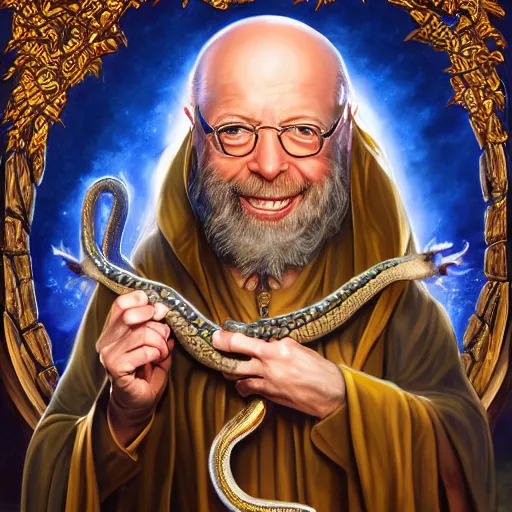 Image similar to a detailed fantasy character painting of Klaus Schwab holding a snake, dressed like Jesus Christ, black glowing eyes, by lauri blank, artgerm, evelyn de morgan, 8K, 50mm lens