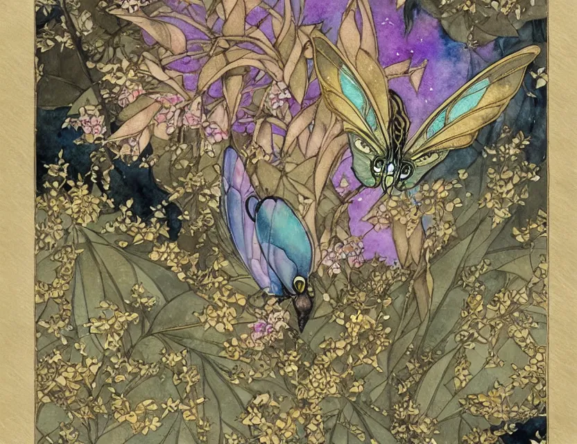 Image similar to faerie hawkmoth in the palace courtyard. this watercolor and gold leaf work by the award - winning mangaka has a beautiful composition and intricate details.