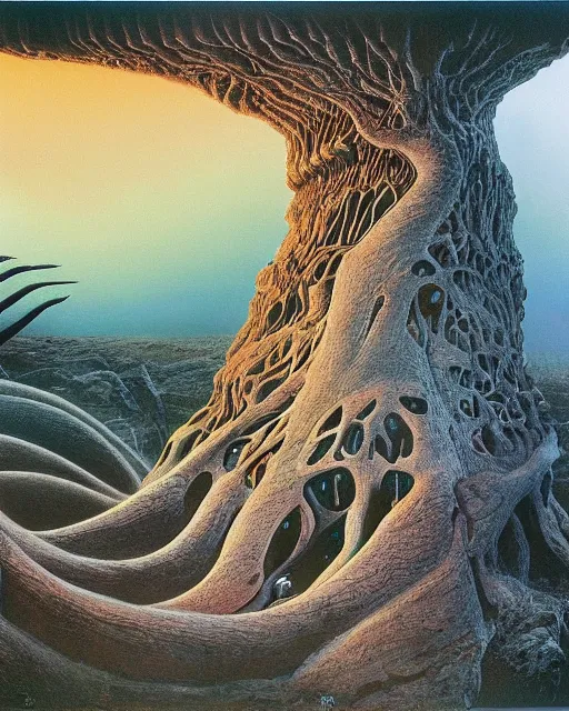 Image similar to breathtakingly beautiful ultrawide angle colour masterpiece dream by roger dean and hr giger, incredible sense of depth and perspective and clarity, weird abstract, 8 k