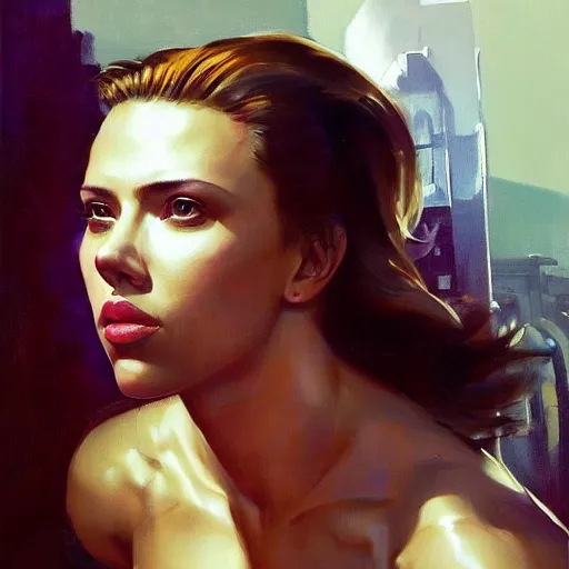 Image similar to greg manchess portrait of scarlett johansson as roided thick very muscular lara croft, fantasy, medium shot, asymmetrical, profile picture, organic painting, sunny day, matte painting, bold shapes, hard edges, street art, trending on artstation, by huang guangjian and gil elvgren and sachin teng