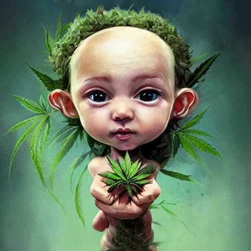 Image similar to a cute little baby made of hemp, with a head in the form of a cannabis bloom, like baby grut, green skin, character, art by james jean and greg rutkowski!!, realistic face, digital art, chibi style, golden ratio, perfect composition, trending on artstation, 8 k