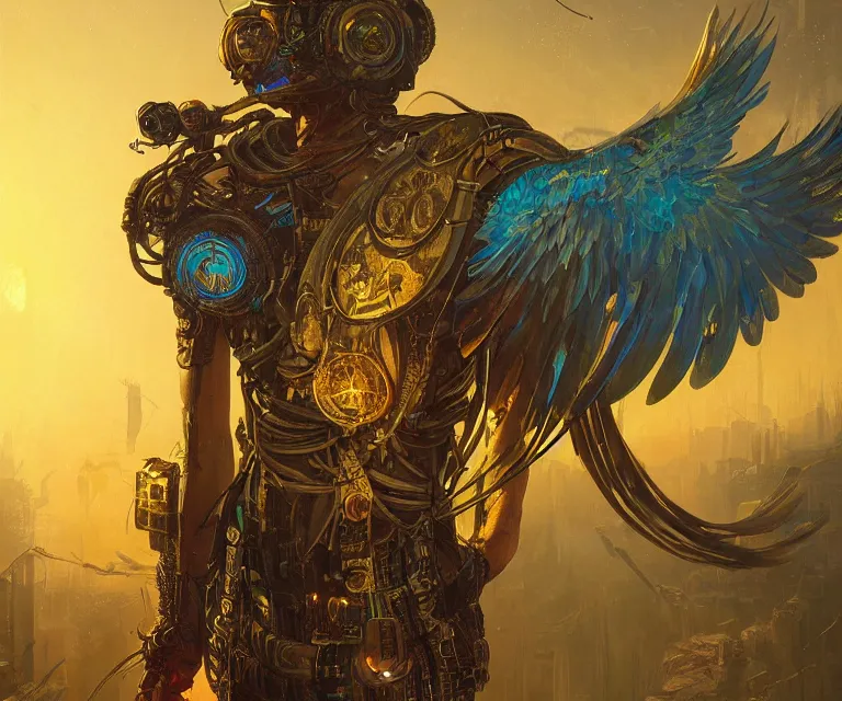 Image similar to a beautiful tarot card artwork of a cyberpunk seraphim in nature, backlit, highly detailed, golden hour, digital painting, by eddie mendoza and greg rutkowski and dan mumford and artgerm, vivid colors, masterpiece, detailed shading, 8 k resolution, intricate, smooth