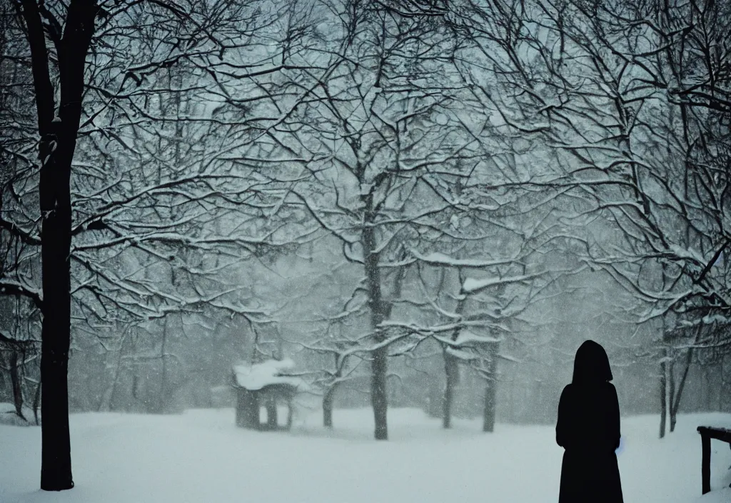 Image similar to lomo photo of a female silhouette standing in front of a wooden cottage in the snow, cinestill, bokeh, out of focus, day, dramatic lighting