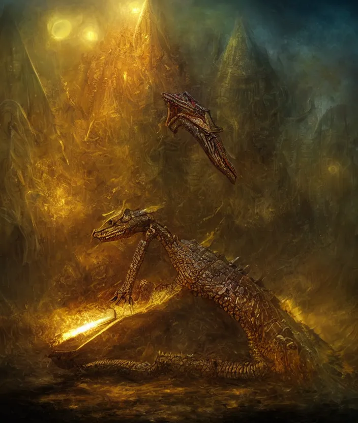 Prompt: egyptian crocodile in a golden armor, mysterious, fantasy artwork, godrays, warm colors, by seb mckinnon