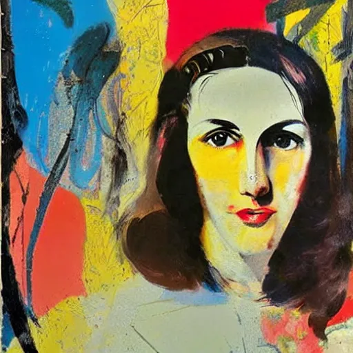 Prompt: portrait of a woman with long hair by mimmo rotella, colorful,