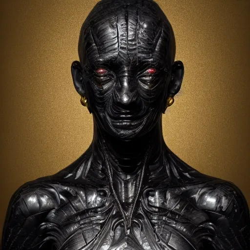 Prompt: a statue of an evil creature, made of black marble with gold, perfect symmetrical face, no eyes, hyper realistic, hyper detailed, by johannen voss, by peter kemp, by monia merlo, by michelangelo, octane render, blender, 8 k