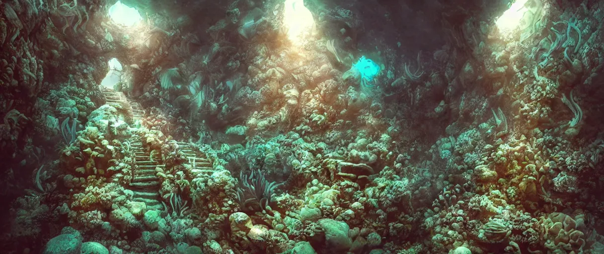 Image similar to a beautiful illustration of a an underwater first person perspective shot looking up a stone staircase leading to an ancient stone archway covered in coral and sea life that leads to with aaahh!!! Real monsters pouring out of it by James Gurney and beeple | Time White: .3 | cinematic lighting | unreal engine