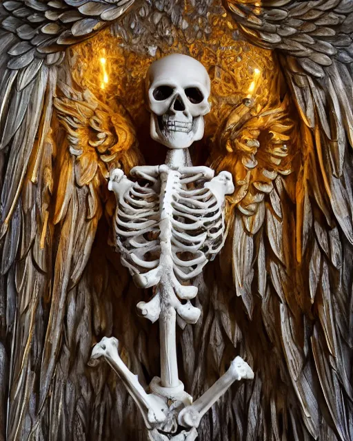 Prompt: skeleton with skull and angel wings sculpture by billelis, ivory rococo frontal view, displayed in a gothic decor room, beautifully lit, hyper detailed, lighting, neon, 4k, micro details, 3d sculpture, structure, 30% pearlescent detailing + punk + magical + symmetrical