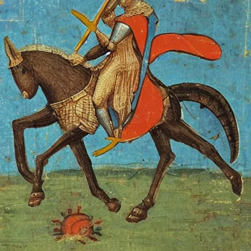 Image similar to knight riding on lizard, medieval painting