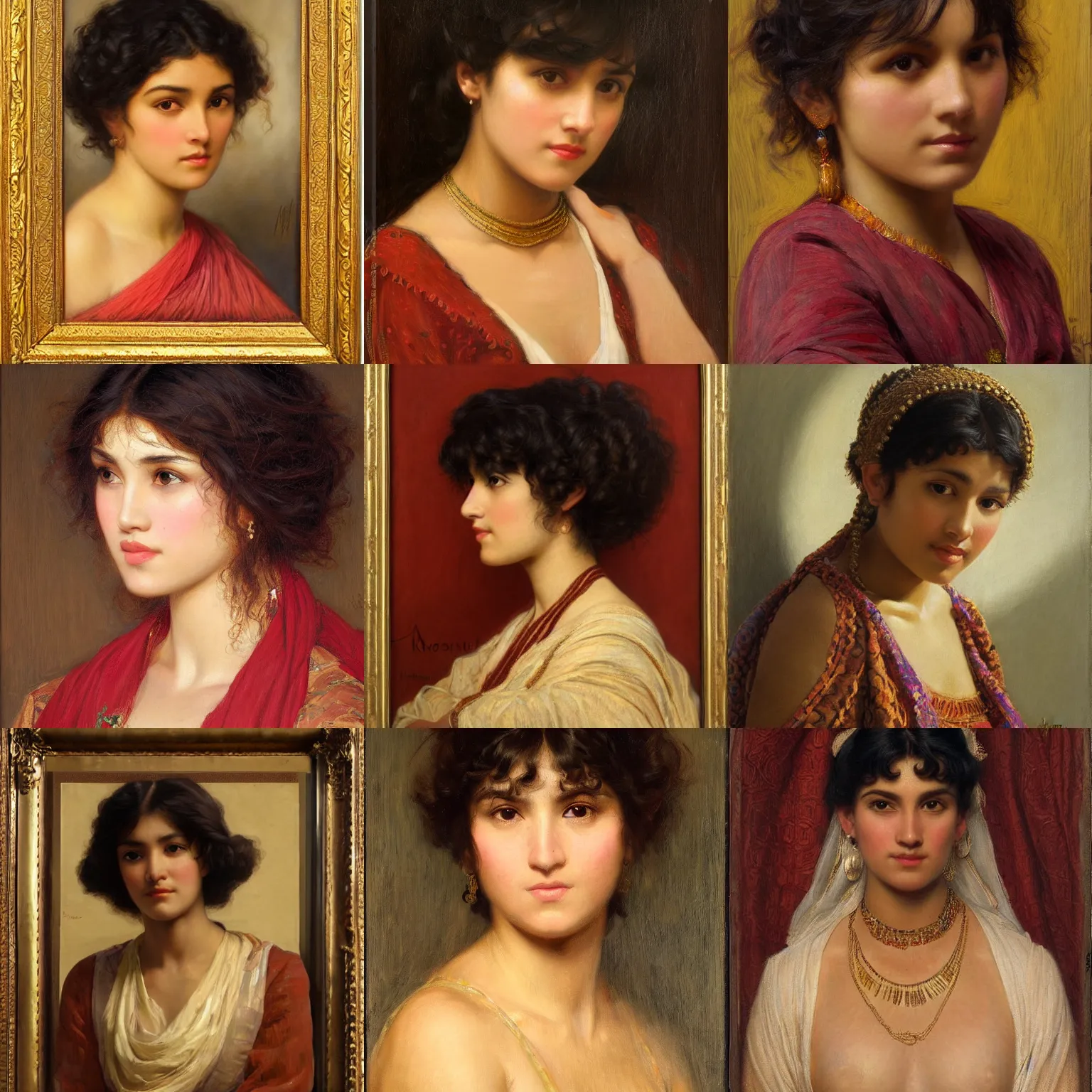 Prompt: orientalism face portrait of a cute woman with bangs and curls and brown skin by Edwin Longsden Long and Theodore Ralli and Nasreddine Dinet and Adam Styka, masterful intricate artwork. Oil on canvas, excellent lighting, high detail 8k