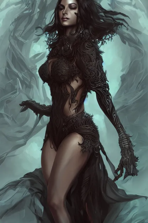 Image similar to full body portrait of dark priestess, gorgeous, amazing, elegant, intricate, highly detailed, digital painting, artstation, concept art, sharp focus, illustration, art by Ross tran