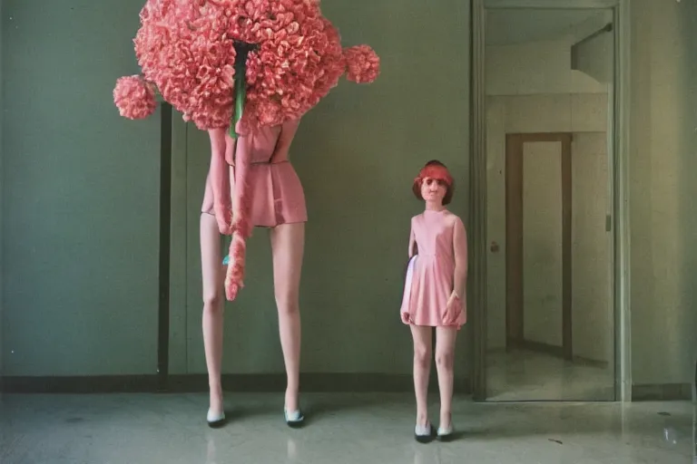 Prompt: giant flower head, girl standing in 1 9 6 0 s hotel, surreal photography, symmetry, mid century, liminal space, detailed, wes anderson