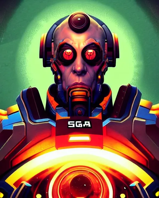 Image similar to sigma from overwatch, crazy look in his eyes, character portrait, portrait, close up, concept art, intricate details, highly detailed, vintage sci - fi poster, retro future, in the style of chris foss, rodger dean, moebius, michael whelan, and gustave dore