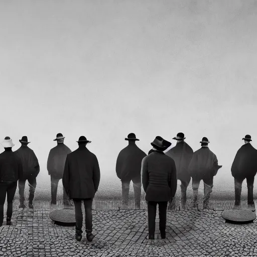 Prompt: A row of men in hats are standing, looking into the distance, the man in the middle is facing the front, looking downwards at his stomach by Tommy Ingberg, Trending on artstation