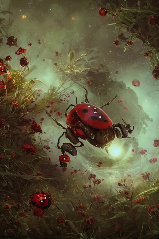 Prompt: a botanist researcher with a ladybug assistant exploring space flowers by artgerm and wlop and scott fischer and seb mckinnon, digital art, highly detailed, wide shot, intricate, fantasy, mystical, sharp focus, Trending on Artstation HQ, deviantart, unreal engine 5, 4K UHD image