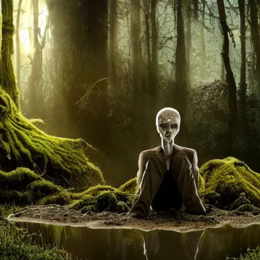 Prompt: Enigmatic Slender Man with Mud and Moss over his skin and plants growing on him is kneeling in a dirty pond, Photorealistic, Sunlight, Photograph, National Geographic, Hyperdetailed