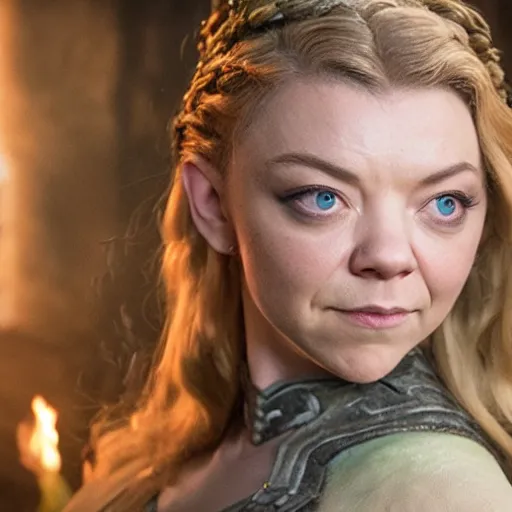 Image similar to Natalie Dormer as Shrek, studio lighting, set in fiery Mount Mordor