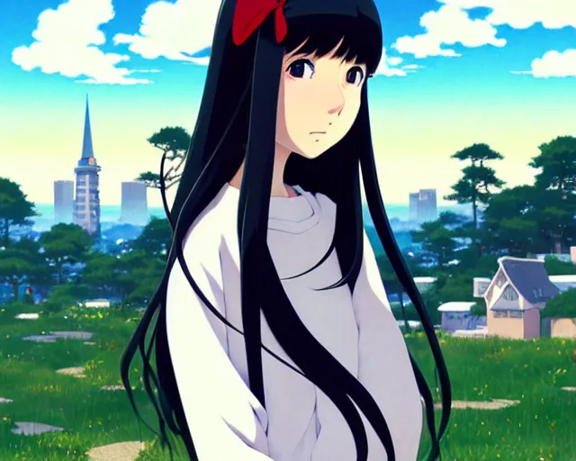 Image similar to beautiful anime girl with long black hair and bangs, red eyes, wearing a white sweater, fine details portrait, village in the background, bokeh. anime masterpiece by Studio Ghibli. illustration, sharp high-quality anime illustration in style of Ghibli, Ilya Kuvshinov, Artgerm