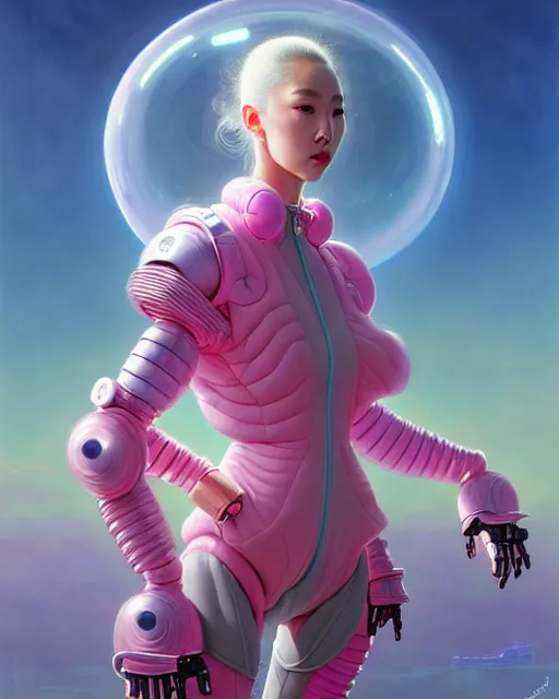 Image similar to beautiful fantasy character portrait, roseanne park, wearing pink puffy bomber jacket with leotard, futuristic robots, ultra realistic, dramatic lighting, robots, the fifth element artifacts, highly detailed by peter mohrbacher, hajime sorayama, wayne barlowe, boris vallejo, aaron horkey, gaston bussiere, craig mullins