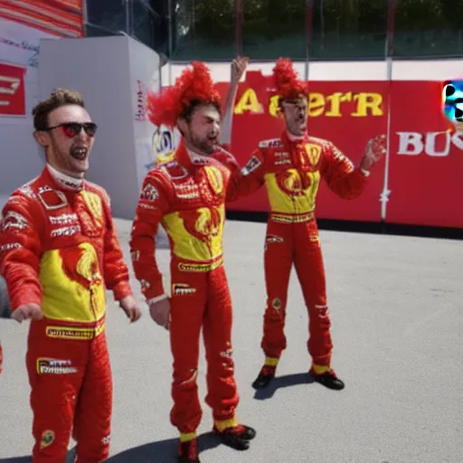 Prompt: Ferrari clowns dancing in front of crying Charles Leclerc