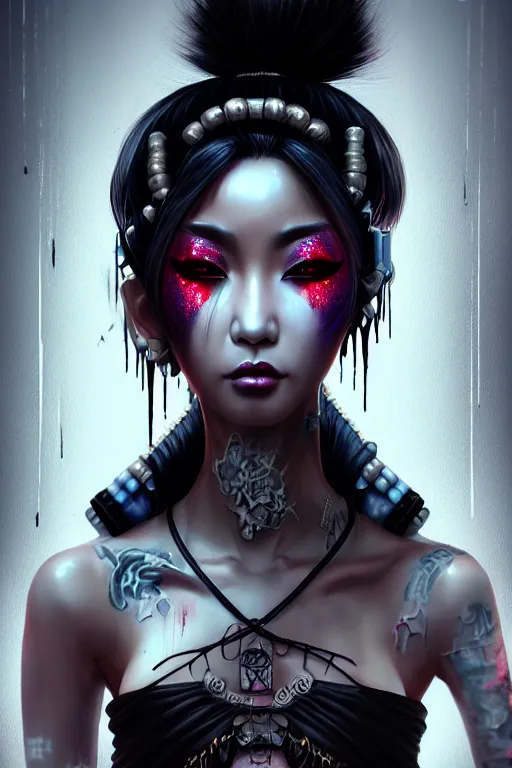 Image similar to soft lustrous ebony asian geisha goddess yakuza biotech raver gutter punk gothic cyborg, cyberpunk city, urban decay, decay, underworld, dark art, highly detailed, digital painting, octane render, artstation, concept art, smooth, sharp focus, illustration, art by artgerm, loish, wlop