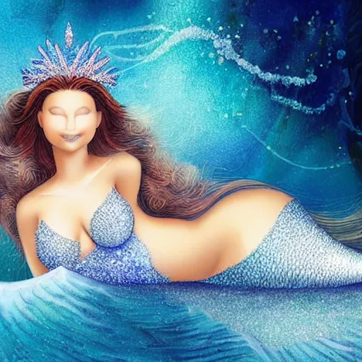 Image similar to an extremely realistic portrait of a fantastic real mermaid with an ultra perfect and ultra detailed wild face with beautiful, ultra detailed wild blue eyes a fantastic crown of diamons and a diamond dust glitter and sparkles tail, swimming in a beautiful blue ocean