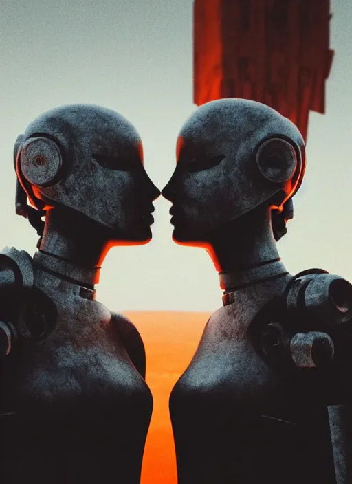 Image similar to cinestill 5 0 d photographic portrait of two loving female androids wearing rugged black techwear on a desolate plain with a red sky in front of a brutalist sculpture, extreme closeup, cyberpunk style, dust storm, 8 k, hd, high resolution, 3 5 mm, f / 3 2, ultra realistic faces, ex machina