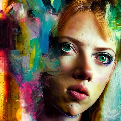 Image similar to drunken scarlett johansson as delirium from sandman, ( hallucinating colorful soap bubbles ), by jeremy mann, by sandra chevrier, by dave mckean and richard avedon and maciej kuciara, punk rock, tank girl, high detailed, one green eye and one blue eye, 8 k