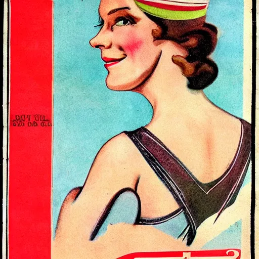 Prompt: a 1 9 2 8 cover of vogue. happy, healthy, beautiful, smiling, young, sporty, glowing danish woman in decent athletic wear. realistic detailed color drawing