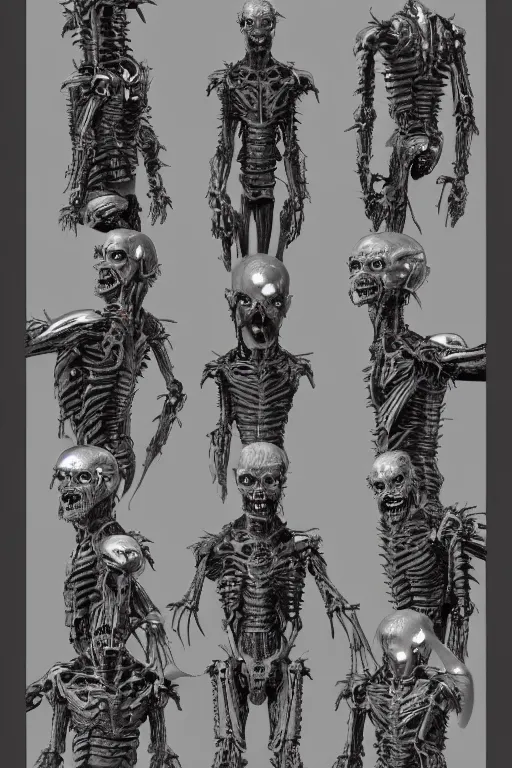 Image similar to cyborg zombie king with gunmetal grey skin, medical anatomy, very symmetrical face, highly detailed, mecha, three - perspective / three - view reference sheet ( front / back / side ), in the style of james gurney, dan ouellette, hr giger, sil from species, dren from splice, biomechanical, artstation, unreal engine