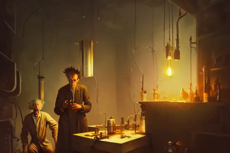 Image similar to mad scientist by otto dix and greg rutkowski and andreas rocha, cinematic lighting, highly detailed, warm colours, 4 k