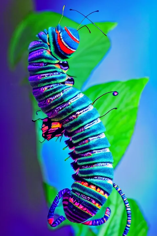 Image similar to high quality close-up photo art deco puss moth caterpillar! gorgeous highly detailed hannah yata elson peter cinematic blue lighting high quality low angle hd 8k sharp shallow depth of field