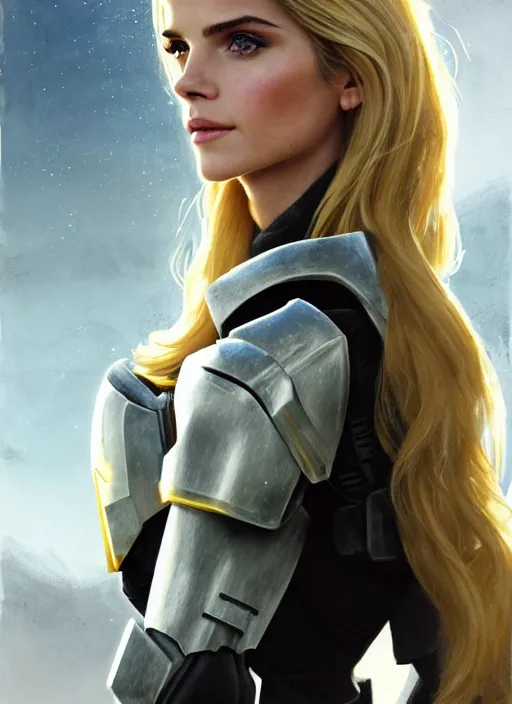 Image similar to portrait of a combination of Ashley Greene, Katheryn Winnick, Victoria Justice and Adriana Dxim, Grace Kelly, Emma Watson and Lily Collins with blonde hair wearing Forerunner Armor from Halo, countryside, calm, fantasy character portrait, dynamic pose, above view, sunny day, thunder clouds in the sky, artwork by Jeremy Lipkin and Giuseppe Dangelico Pino and Michael Garmash and Rob Rey and Greg Manchess and Huang Guangjian, very coherent asymmetrical artwork, sharp edges, perfect face, simple form, 100mm