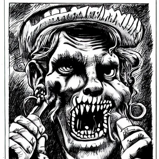 Image similar to a Pop Wonder scary horror themed goofy-hilarious-character r-Crumb, dime-store-comic drawn with charcoal and pen and ink, half-tone-line-stacking