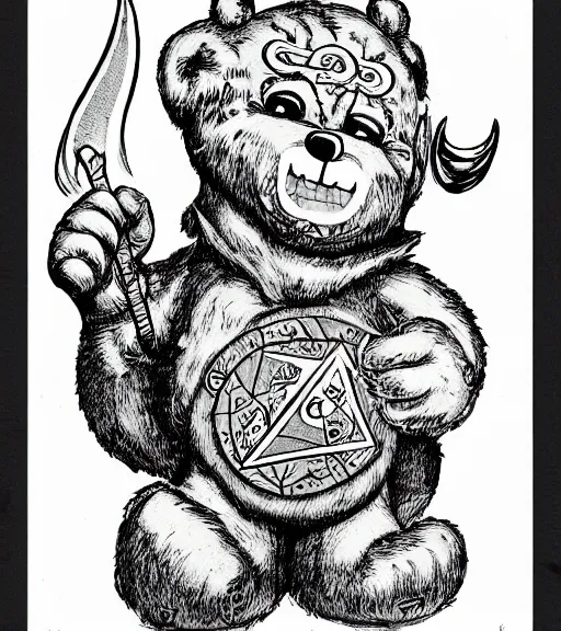 Image similar to a care bear as a d & d monster, pen - and - ink illustration, etching, by russ nicholson, david a trampier, larry elmore, 1 9 8 1, hq scan, intricate details, high contrast