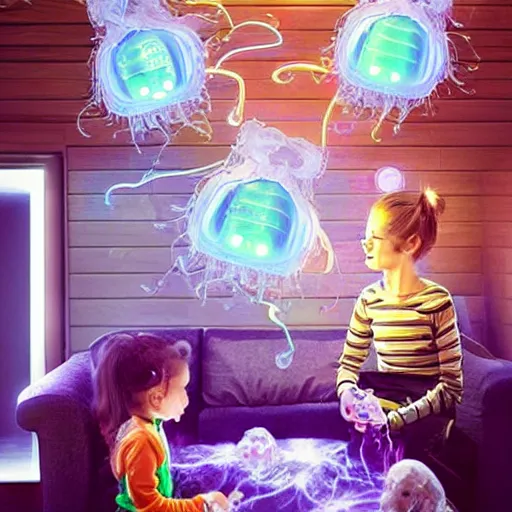 Prompt: “ cute alien floating jellyfish pet, made of electricity jelly and computer circuits, playing with adorable toddler girl, in a futuristic log cabin living room ”