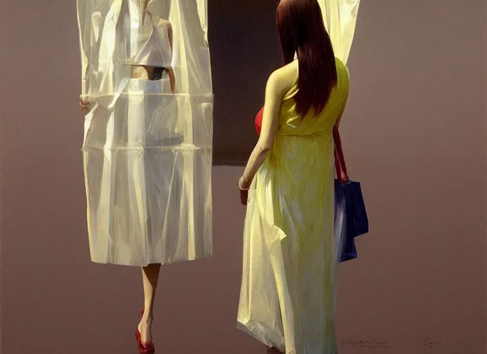 Image similar to woman in a translucent dress made from plastic bag holding ice cream with paper bags for clothes standing inside paper bags with paper bag over the head at store display Edward Hopper and James Gilleard, Zdzislaw Beksinski, highly detailed