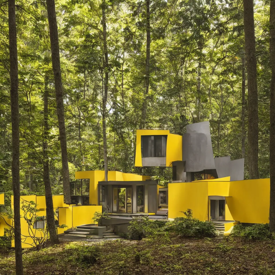 Image similar to architecture ad for a small flat mid-century modern house in the forest, designed by Frank Gehry. Big Tiles. Film grain, cinematic, yellow hue