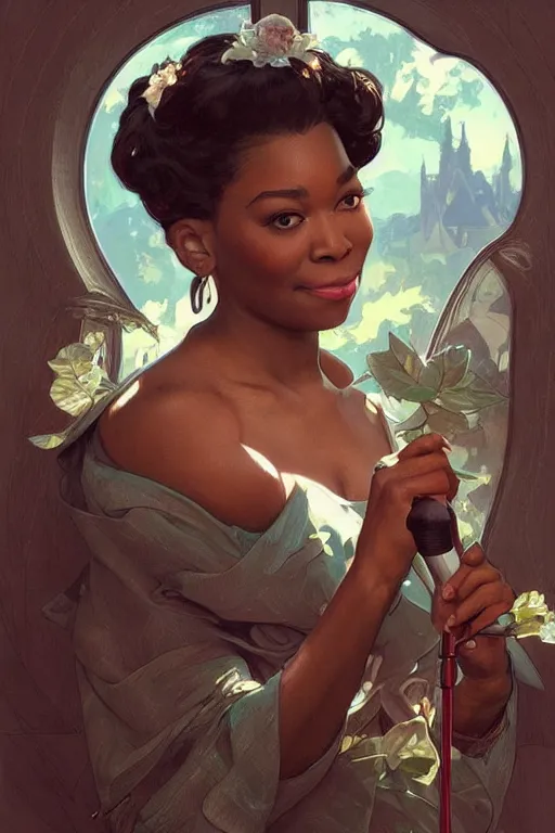 Prompt: beautiful cottagecore audreh winfrey holding a microphone. intricate, elegant. highly detailed, digital painting, artstation, concept art, smooth, sharp, focus, illustration. . art by artgerm and greg rutkowski and alphonse mucha